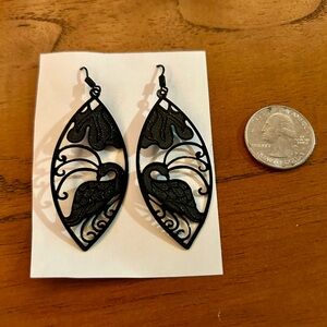 Large Black Metal Ornate Bird Design Dangly Earrings